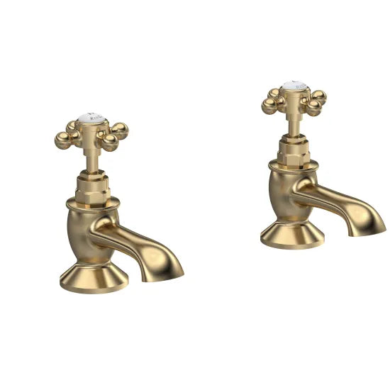 Old London Topaz Brushed Brass/White Deck Mounted Bath Taps With Hexagonal Collar and Crosshead Handle