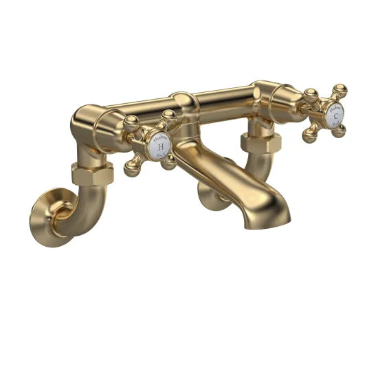 Old London Topaz Brushed Brass/White Wall Mounted Bath Filler With Dome Collar and Crosshead Handle