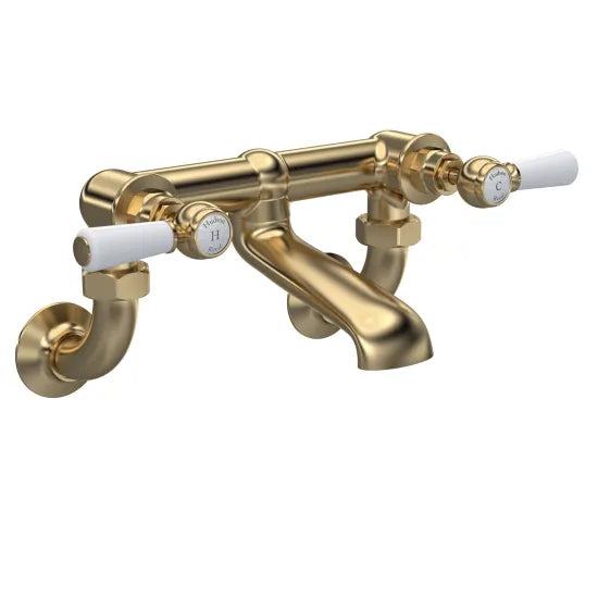 Old London Topaz Brushed Brass/White Wall Mounted Bath Filler With Crosshead Handle