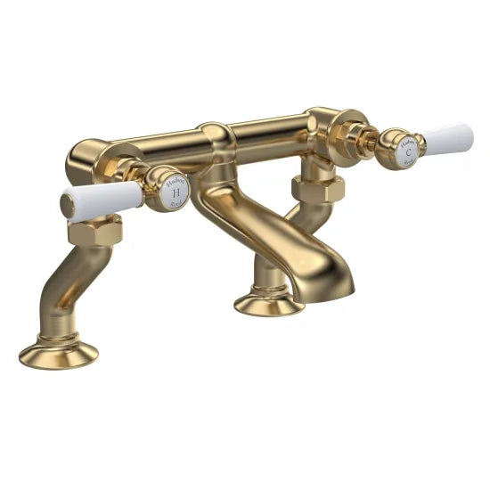 Old London Topaz Brushed Brass/White Deck Mounted Bath Filler With Lever Handle