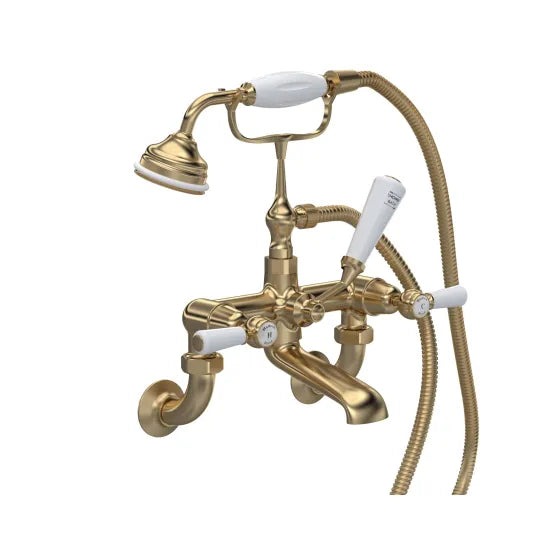 Old London Topaz Brushed Brass/White Wall Mounted Bath Shower Mixer With Dome Collar and Lever Handle