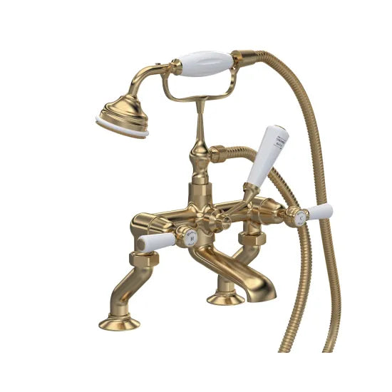 Old London Topaz Brushed Brass/White Deck Mounted Bath Shower Mixer With Lever Handle