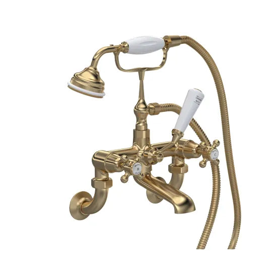 Old London Topaz Brushed Brass/White Wall Mounted Bath Shower Mixer With Dome Collar and Crosshead Handle