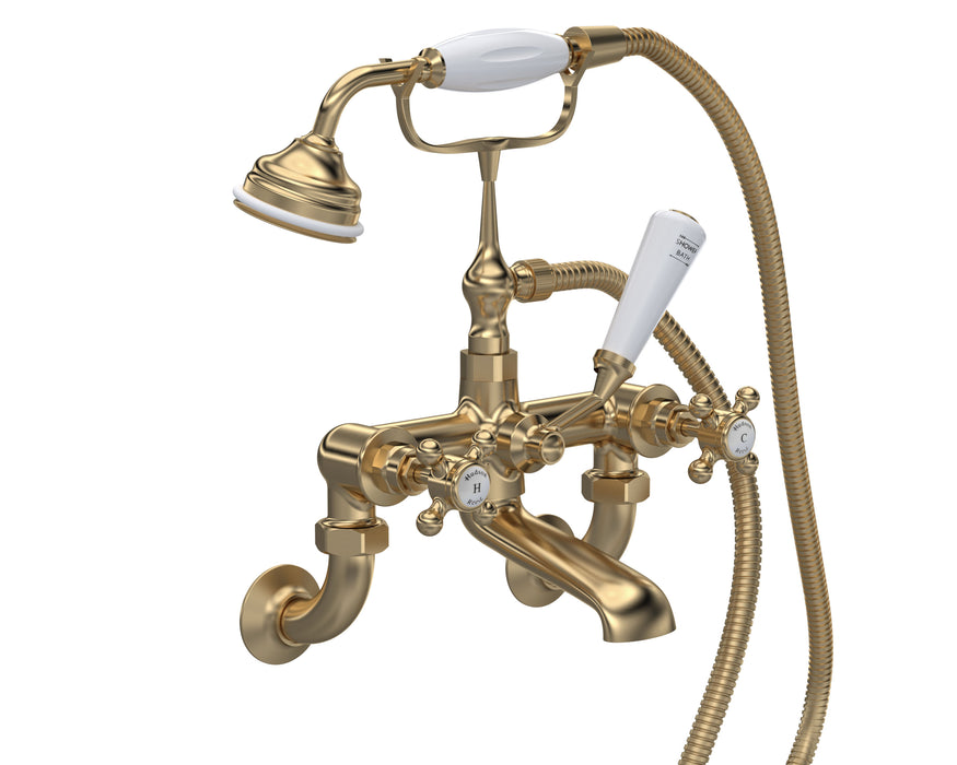 Old London Topaz Brushed Brass/White Wall Mounted Bath Shower Mixer With Hexagonal Collar and Crosshead Handle