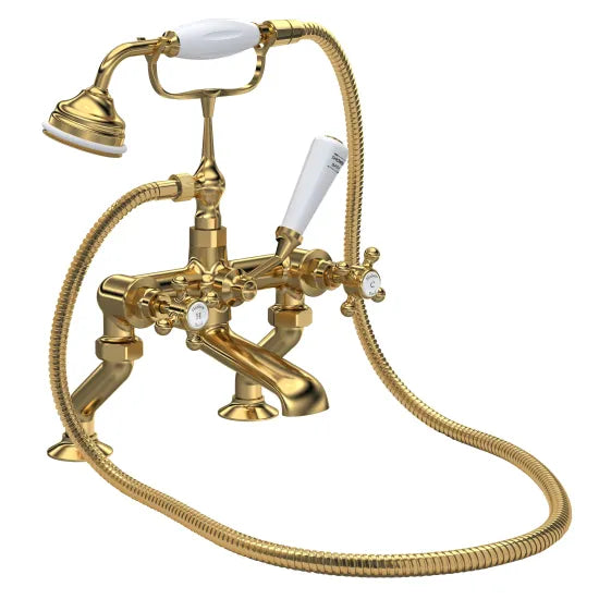 Old London Topaz Brushed Brass/White Deck Mounted Bath Shower Mixer With Crosshead Handle