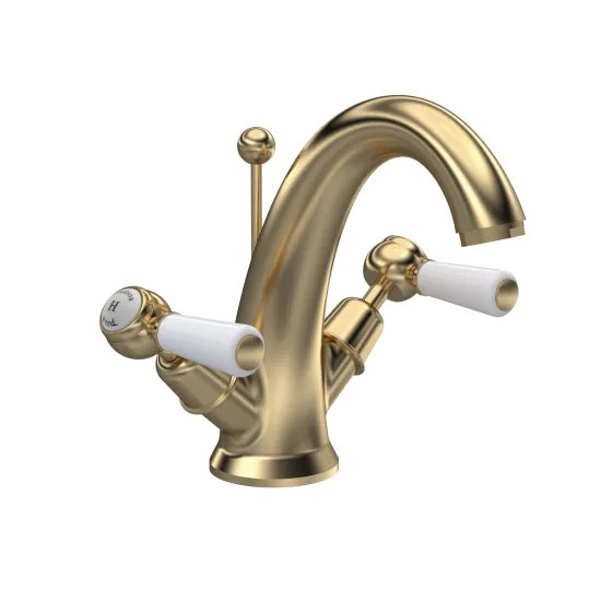 Old London Topaz Brushed Brass/White Mono Basin Mixer With Dome Collar and Lever Handle and Waste