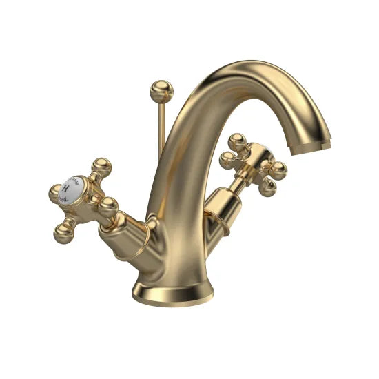 Old London Topaz Brushed Brass/White Mono Basin Mixer With Dome Collar and Crosshead Handle and Waste