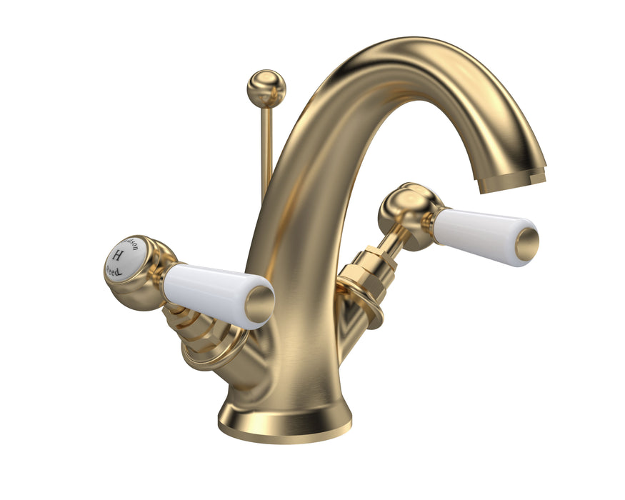 Old London Topaz Brushed Brass/White Mono Basin Mixer With Hexagonal Collar and Lever Handle and Waste