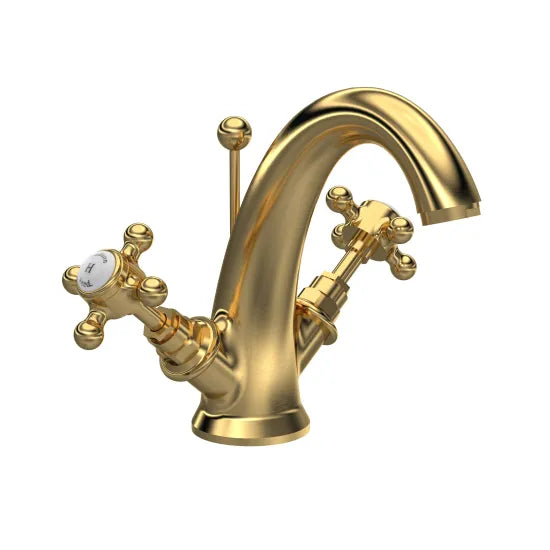 Old London Topaz Brushed Brass/White Mono Basin Mixer With Hexagonal Collar and Crosshead Handle and Waste