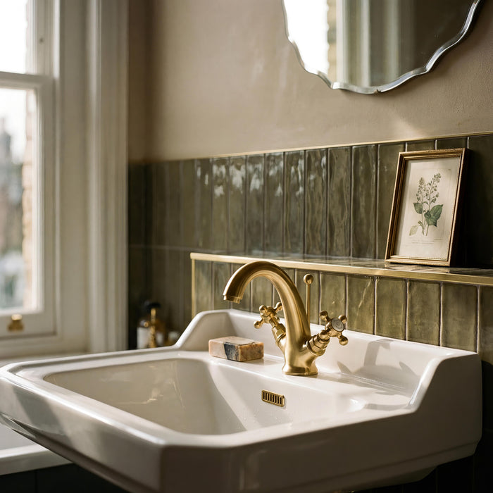 Old London Topaz Brushed Brass/White Mono Basin Mixer With Hexagonal Collar and Crosshead Handle and Waste