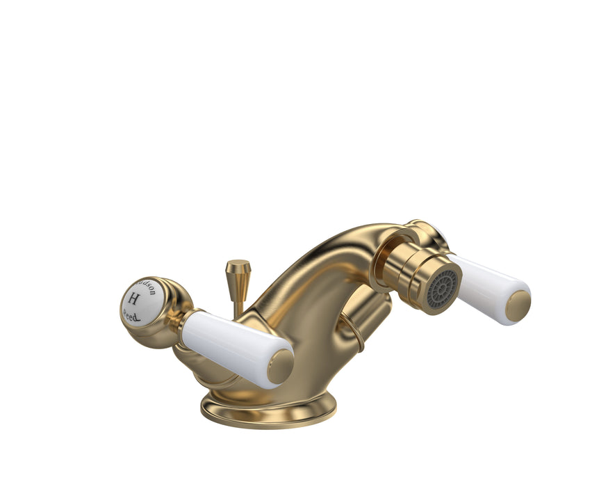 Old London Topaz Brushed Brass/White Bidet Tap With Dome Collar and Lever Handle and Pop Up Waste