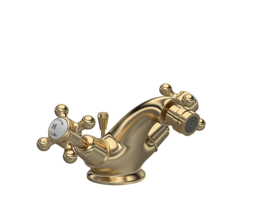 Old London Topaz Brushed Brass/White Bidet Tap With Dome Collar and Crosshead Handle and Pop Up Waste