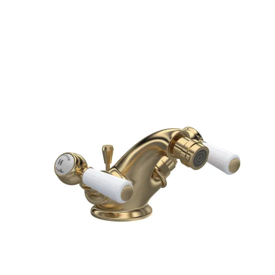 Old London Topaz Brushed Brass/White Bidet Tap With Hexagonal Collar and Lever Handle and Pop Up Waste