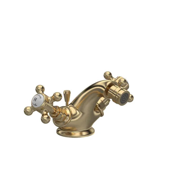 Old London Topaz Brushed Brass/White Bidet Tap With Hexagonal Collar and Crosshead Handle and Pop Up Waste