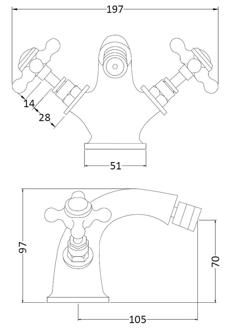 Old London Topaz Brushed Brass/White Bidet Tap With Hexagonal Collar and Crosshead Handle and Pop Up Waste