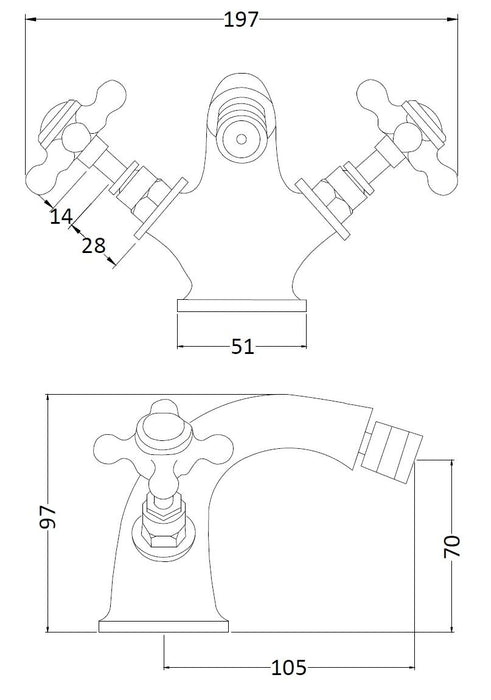 Old London Topaz Brushed Brass/White Bidet Tap With Hexagonal Collar and Crosshead Handle and Pop Up Waste