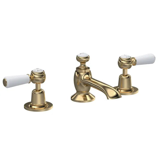 Old London Topaz Brushed Brass/White 3 Tap Hole Basin Mixer With Dome Collar and Lever Handle and Waste