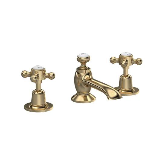 Old London Topaz Brushed Brass/White 3 Tap Hole Basin Mixer With Crosshead Handle With Waste