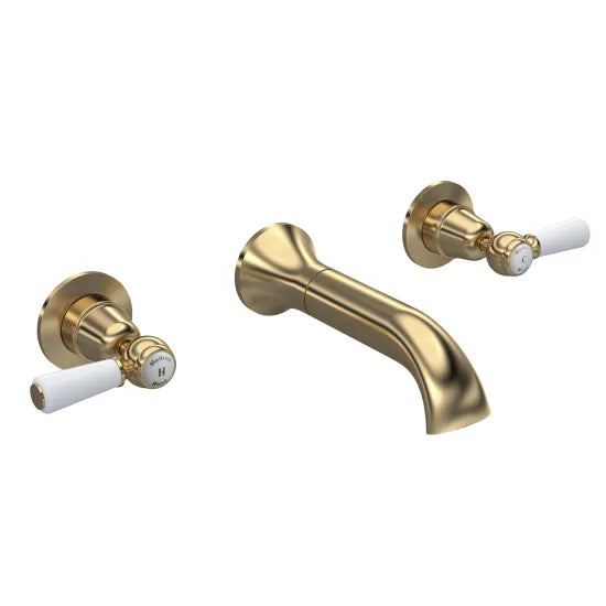 Old London Topaz Brushed Brass/White Wall Mounted Bath Tap With Dome Collar and Lever Handle