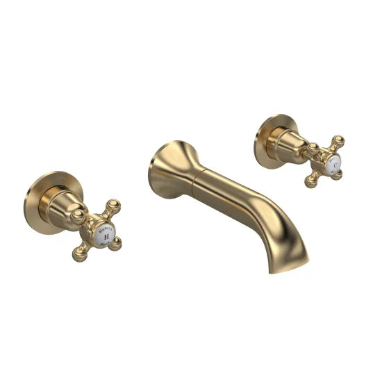 Old London Topaz Brushed Brass/White Wall Mounted Bath Tap With Dome Collar and Crosshead Handle