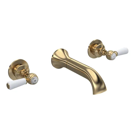 Old London Topaz Brushed Brass/White Wall Mounted Bath Tap With Hexagonal Collar and Lever Handle
