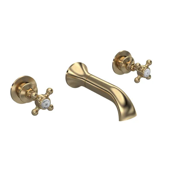 Old London Topaz Brushed Brass/White Wall Mounted Bath Tap With Hexagonal Collar and Crosshead Handle