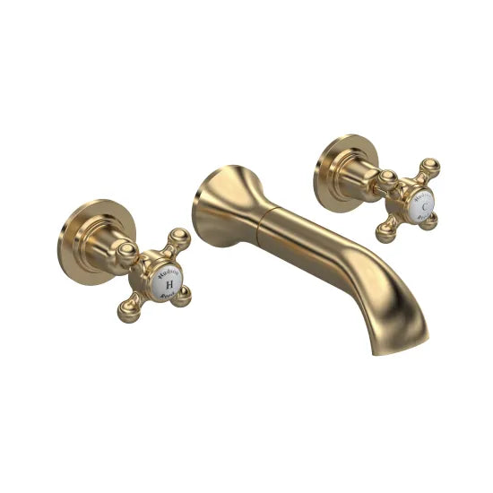 Old London Topaz Brushed Brass/White 3 Tap Hole Wall Mounted Basin Mixer With Dome Collar and Crosshead Handle