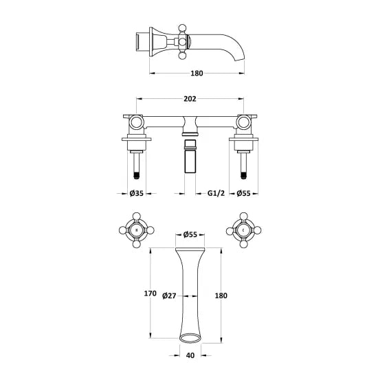 Old London Topaz Brushed Brass/White 3 Tap Hole Wall Mounted Basin Mixer With Dome Collar and Crosshead Handle