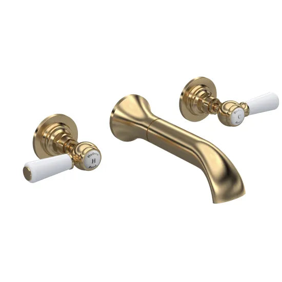 Old London Topaz Brushed Brass/White 3 Tap Hole Wall Mounted Basin Mixer With Hexagonal Collar and Lever Handle
