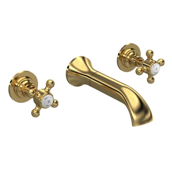 Old London Topaz Brushed Brass/White 3 Tap Hole Wall Mounted Basin Mixer With Hexagonal Collar and Crosshead Handle