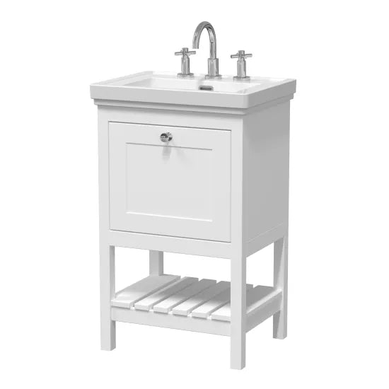 Old London Bexley 500mm pure White 1 Drawer Floor Standing Vanity Unit With 3 Tap Holes Basin