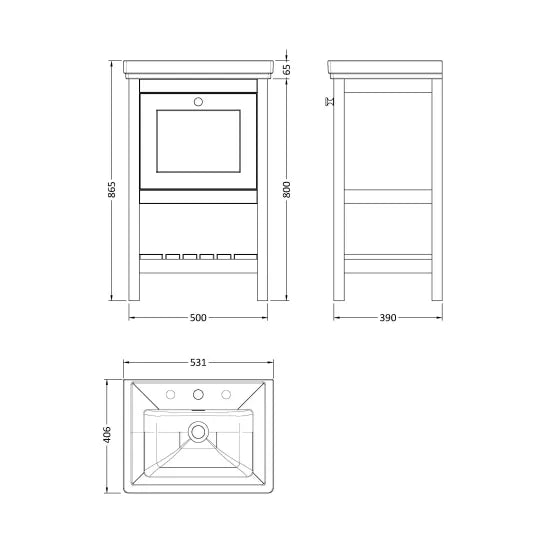 Old London Bexley 500mm pure White 1 Drawer Floor Standing Vanity Unit With 3 Tap Holes Basin