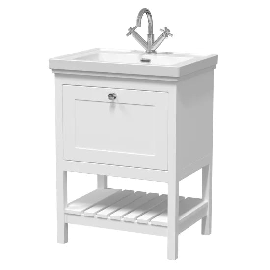 Old London Bexley 600mm pure White 1 Drawer Floor Standing Vanity Unit With 1 Tap Hole Traditional Fireclay Basin