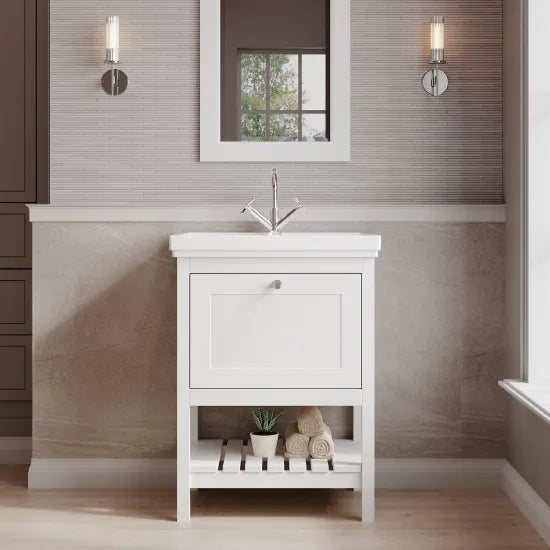Old London Bexley 600mm pure White 1 Drawer Floor Standing Vanity Unit With 1 Tap Hole Traditional Fireclay Basin