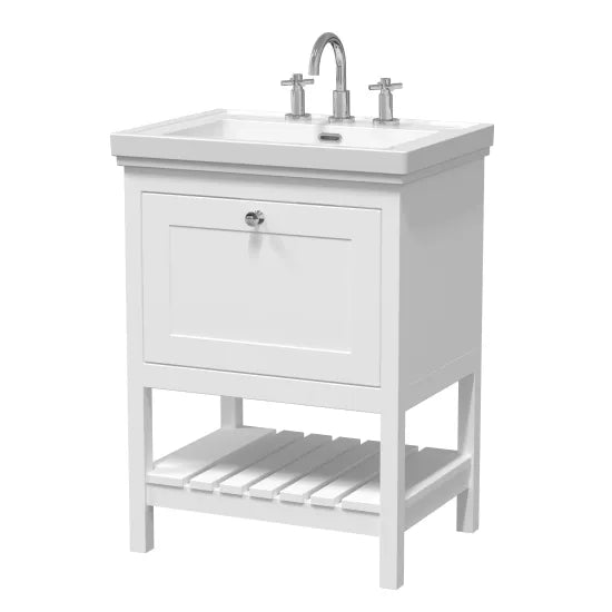 Old London Bexley 600mm pure White 1 Drawer Floor Standing Vanity Unit With 3 Tap Holes Traditional Fireclay Basin