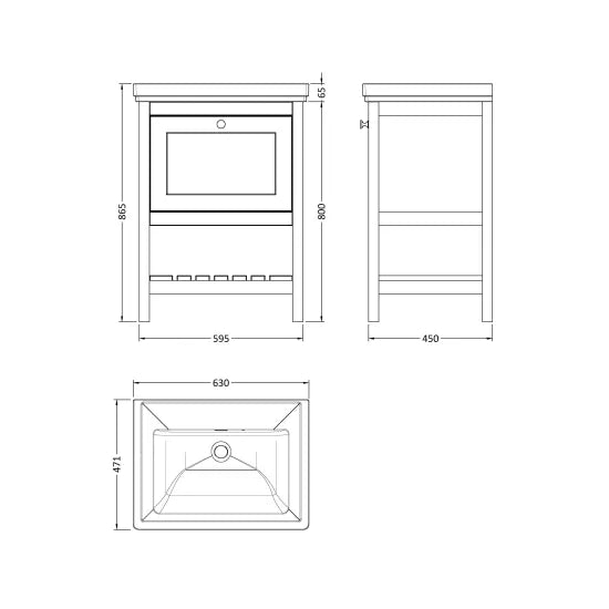 Old London Bexley 600mm pure White 1 Drawer Floor Standing Vanity Unit With Basin