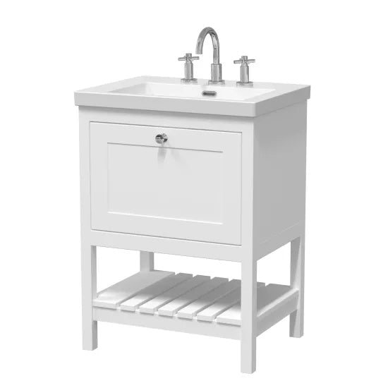 Old London Bexley 600mm pure White 1 Drawer Floor Standing Vanity Unit With 3 Tap Holes Contemporary Fireclay Basin