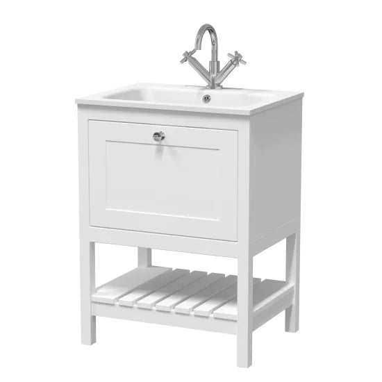 Old London Bexley 600mm pure White 1 Drawer Floor Standing Vanity Unit With 1 Tap Hole White Stone Basin