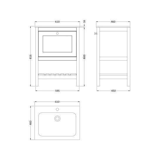 Old London Bexley 600mm pure White 1 Drawer Floor Standing Vanity Unit With 1 Tap Hole White Stone Basin