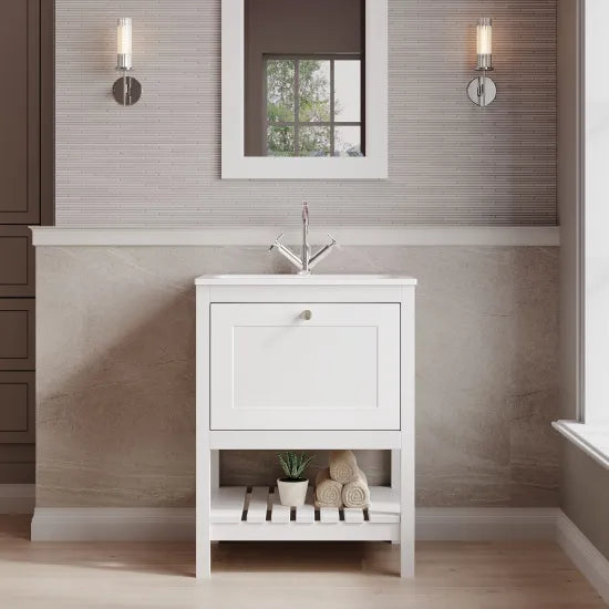 Old London Bexley 600mm pure White 1 Drawer Floor Standing Vanity Unit With 1 Tap Hole White Stone Basin