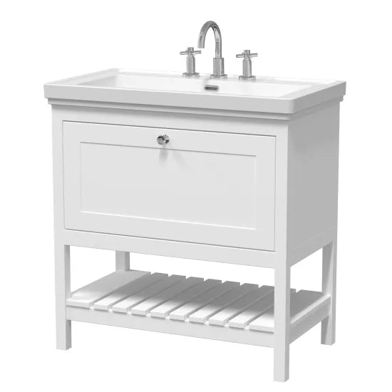 Old London Bexley 800mm pure White 1 Drawer Floor Standing Vanity Unit With 3 Tap Holes Traditional Fireclay Basin