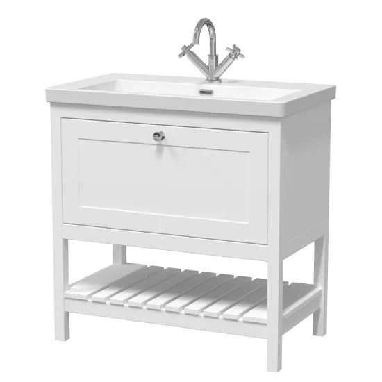 Old London Bexley 800mm pure White 1 Drawer Floor Standing Vanity Unit With 1 Tap Hole Contemporary Fireclay Basin