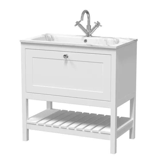 Old London Bexley 800mm pure White 1 Drawer Floor Standing Vanity Unit With 1 Tap Hole Carrerra Marble Stone Basin