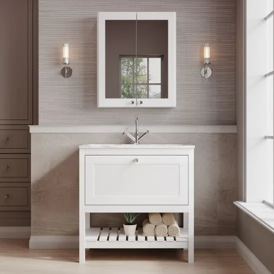 Old London Bexley 800mm pure White 1 Drawer Floor Standing Vanity Unit With 1 Tap Hole Carrerra Marble Stone Basin
