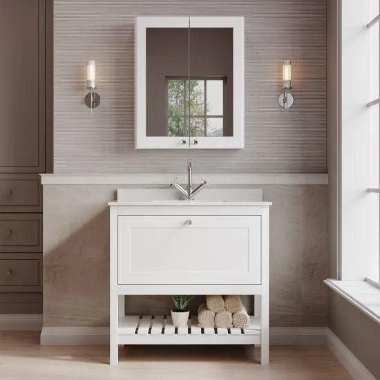 Old London Bexley 800mm pure White 1 Drawer Floor Standing Vanity Unit With 1 Tap Hole Marble Worktop