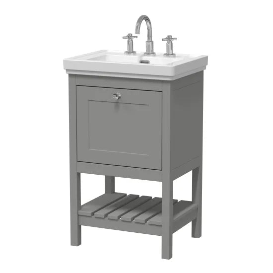 Old London Bexley 500mm Cool Grey 1 Drawer Floor Standing Vanity Unit With 3 Tap Holes Basin