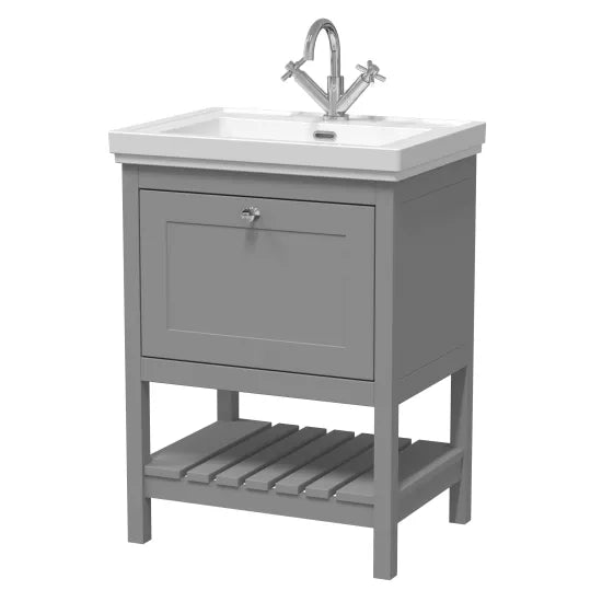 Old London Bexley 600mm Cool Grey 1 Drawer Floor Standing Vanity Unit With 1 Tap Hole Traditional Fireclay Basin