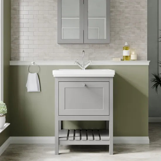 Old London Bexley 600mm Cool Grey 1 Drawer Floor Standing Vanity Unit With 1 Tap Hole Traditional Fireclay Basin