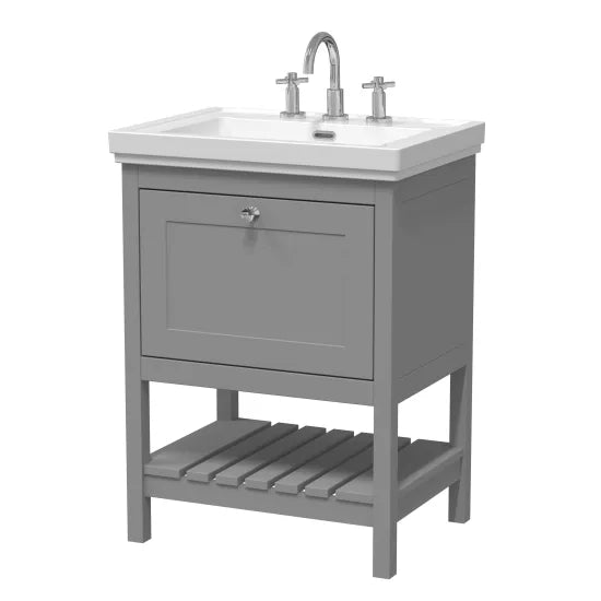 Old London Bexley 600mm Cool Grey 1 Drawer Floor Standing Vanity Unit With 3 Tap Holes Traditional Fireclay Basin