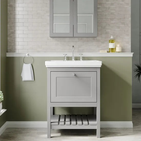 Old London Bexley 600mm Cool Grey 1 Drawer Floor Standing Vanity Unit With 3 Tap Holes Traditional Fireclay Basin